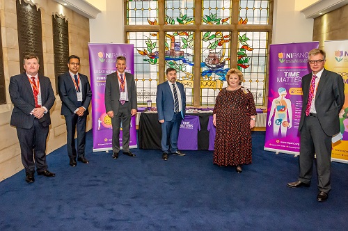 Prof Mark Taylor, Dr Manu Nayar, Ian Beckingham, Minister Robin Swann, Mrs Fionnuala Jay O’Boyle DSt CBE, Lord Lieutenant and Prof Giles Toogood